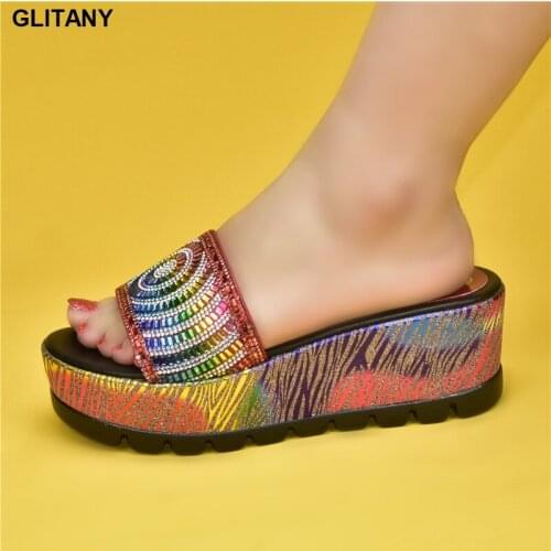 2021 Women Crystal Sequins Platform Wedge Thick Sole Sandals High Heels Mules Slides African Women Party Shoes with Rhinestone