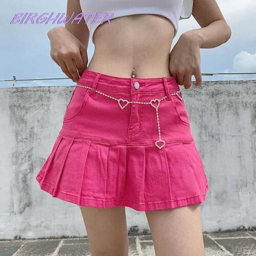 Womens Denim Skirts Summer Crop Streetwear Cute Pleated Pink Black Mini Skirt 2021 Vintage Gothic Hippie Kawaii A-Line Skirt