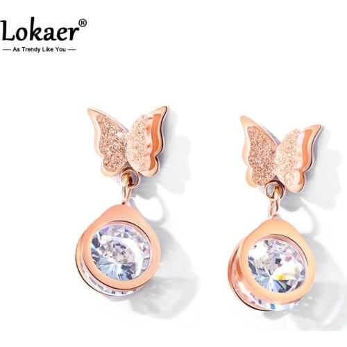 Lokaer Trendy Butterfly CZ Rose Gold Color Earrings For Women Girls Stainless Steel Stud Earring For Female Girl Jewelry E17082