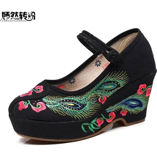 Chinese Women Pumps Flowers Peacock Embroidered Cotton Fabric High Heels Ankle Strap Ladies Comfort Embroidery Pump Shoes Woman