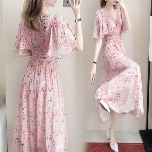 Summer Pink Fairy Dress Women Elegant V-neck Lotus Leaf Sleeve Flower Printed Chiffon Dress Female Lace Hollow Out Party Dress