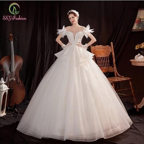 SSYFashion New Elegant White Wedding Dress Palace Princess Bride Sweet Lace Flower A-line Long Wedding Gown Vestido De Noiva
