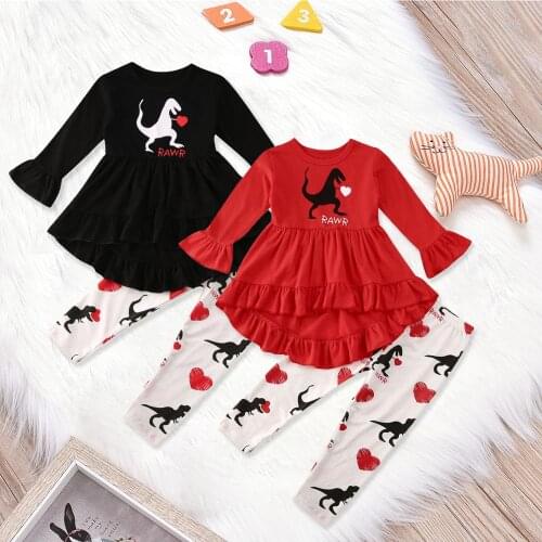 2020 Spring Summer Cotton Girls Ruffle Dress and Pants Dinosaur Heart Princess Dress 2PCS Girls Valentines Day Kids Clothes