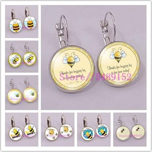 2021 Fashion Bee Pattern Glass Cabochon Stud Earrings Gifts for Women Girls Retro Handmade Jewelry