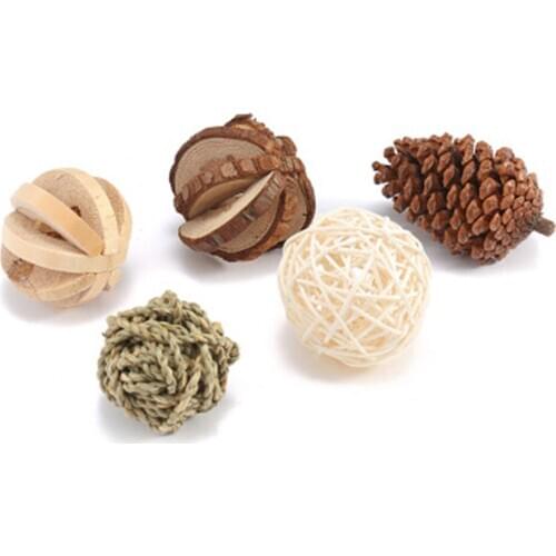 5PCS Natural Wooden Pet Chewing Toys Hamster Molar Square Toy Rabbit Little Wheel Totoro Small Dumbbells Squirrel Pine Cone Toy