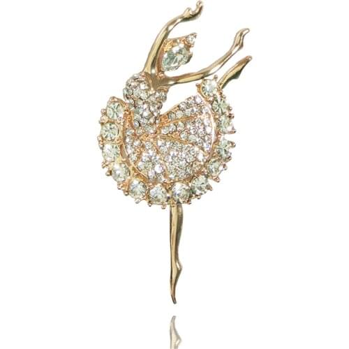 Blucome Ballerina Beautiful Ballet Girl Brass Brooches Shiny Full Rhinestone Gold Color hijab pins Accessories Graceful Dancer