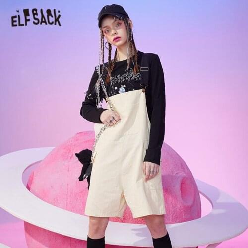 ELFSACK Beige Solid Minimalist Casual Wide Leg Overalls Women 2021 Spring Applique Sleeveless Korean Ladies Daily Work Jumpsuits