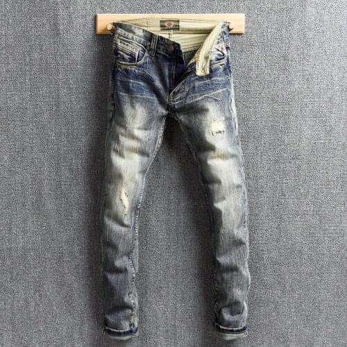 European Vintage Fashion Men Jeans Retro Yellow Blue Distressed Slim Fit Ripped Jeans Men Destroyed Designer Denim Punk Pants