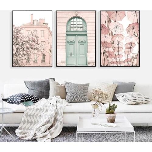 Paris Poster Door Landscape Print France City Canvas Blush Pink Wall Art Painting Architecture Pictures for Living Room Decor