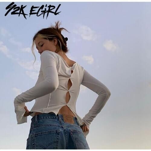 Y2K EGIRL 90s Aesthetics Solid Hollow Out Long Sleeve T-shirts Vintage Streetwear O-neck Stitch Cropped Tops Autumn Fashion Tees