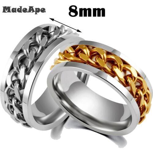 MadApe Classic Rotable Punk Rock Men Ring Stainless Steel Gold Black Chain Spinner Rings For Women Jewelry