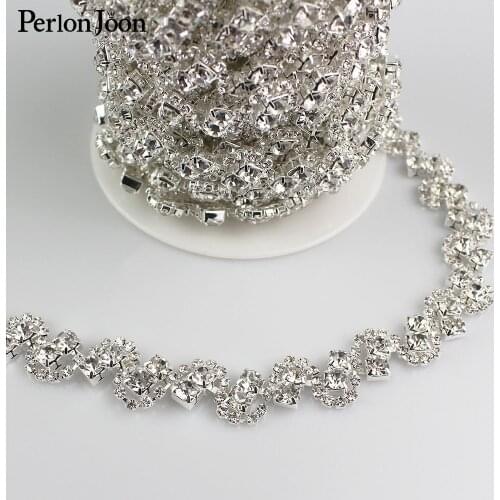 1yard wave two crystals rhinestones trim metal chain Ribbon for dress, bag, shoes accessories ML011