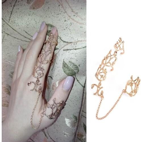 Fashion Women Gold Color Lady Wedding Adjustabl Metal Gold Vine Carved Hollow Double Finger Conjoined Ring Bride Ring Jewelry