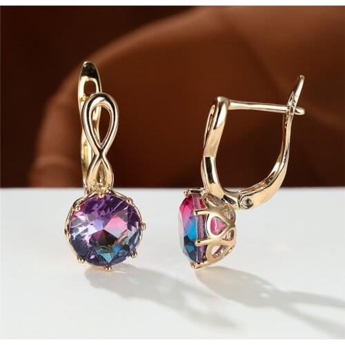 Rainbow Crystal Fashion Hoop Earrings Blue Purple Zircon Round Stone Earrings Vintage Rose Gold Color Wedding Earrings For Women