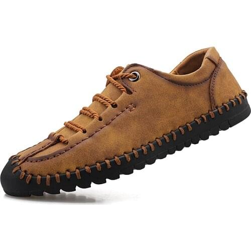 Mens Spring Autumn Casual Shoes Leather Large Hand Sewn Flat Bottom Casual Shoes Soft Soled Anti Slip Outdoor Sports Shoe 38-48