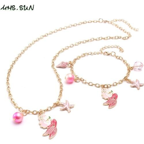 MHS.SUN Cute Princess Chain Necklace Bracelets Jewelry Set With Mermaid/Starfish/Pearl/Conch Charm Pendant For Girl Kid Children