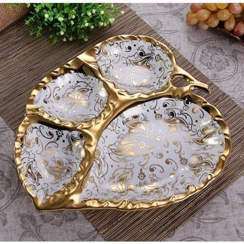 Novel Ceramics Leaf Shape Divisions Dinner Plate Decorative Porcelain Peach Shape Serving Dish Tableware for Sweet and Fruit