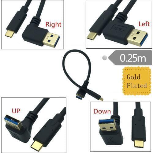 Gold-plated plug USB3.1 Type-C To USB 3.0 Type A 90 Degree Left & Right Angle Male To Male Adapter Cable 0.25m/25cm