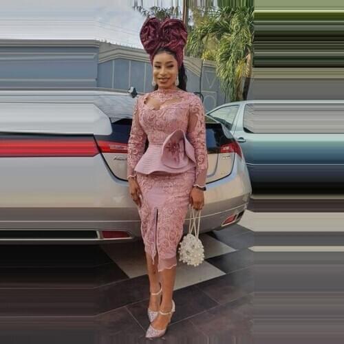 Pink Aso Ebi South African Evening Dresses Sheath Long Sleeves Appliques Beaded Nigeria Saudi Arabic Evening Gown Prom Dress