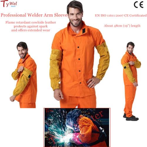 Professional Welder Arm Sleeve 48cm 19" Split Cowhide Leather CE EN11611 Welding Protection Sleeves