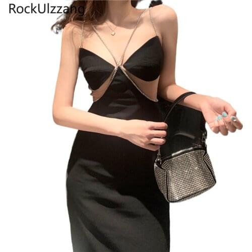 Rhinestone Spaghetti Zipper Backless Off Shoulder Black Sexy Midi Long Dress Club Party Vintage Women High Waist Elegant Luxury