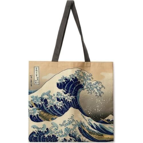 Japanese style ukiyoe print tote bag linen fabric bag casual folding shopping bag outdoor beach bag everyday handbag