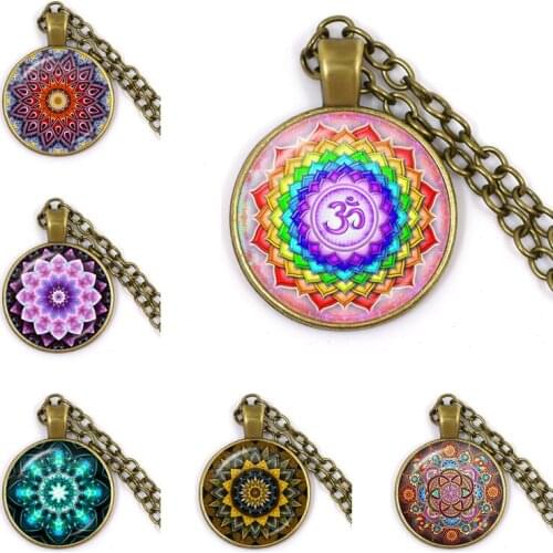 Tibetan Om Mandala Necklace Om jewelry Vintage Buddhism Dome Pendant Antique Glass Jewelry for Women Men