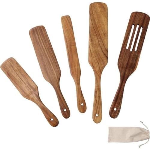 Teak Wood Spurtle 5-Piece Set, Cooking Utensil Set Heat Resistant Non Stick Wood Cookware, Slotted Spurtle Spatula Sets
