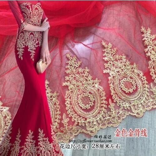 1 Meter High Quality Embroidered Tulle mesh Lace Trim Gold Metallic Dress Lace Trimming Golden Lace Border Corded Lace Fabric