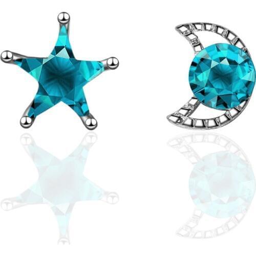 100% 925 sterling silver moon & star blue crystal asymmetric ladies' stud earrings female birthday gift wholesale women jewelry