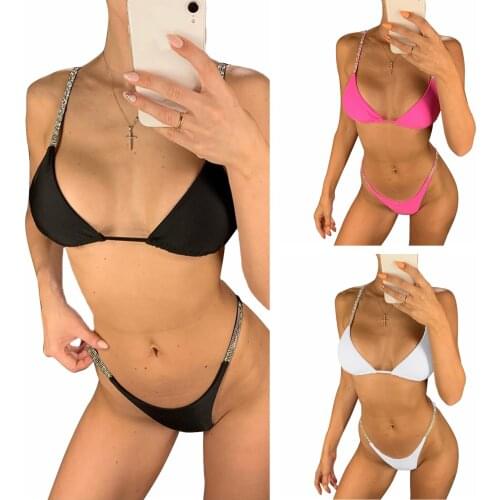 Women Split Swimsuit Set with Sequins Deep V-neck Padded Bikini + Elastic Waist Panties For Outdoor Wear Pool Party