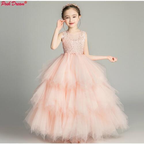 POSH DREAM Romantic Flower Girl Wedding Bridesmaid Dress 2019 New Bead Decoration Long Lace Dress Flower Girl Party Dress