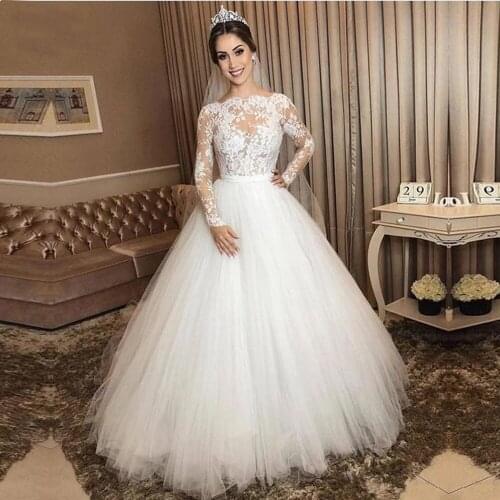 Long Sleeves White Lace Appliques Ivory Puffy Tulle A Line Bridal Gown Robe De Mariee Formal Zipper Back Wedding Dress Plus Size