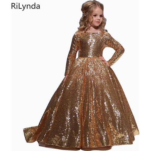 Gold Iittle Girls Dresses Floor Iength Ball Gowns For Kids Birthday Party Dress For Girls Fancy Flower Girls Dresses 2-14 years