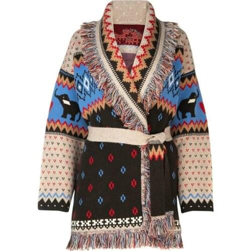 2020 Autumn High Quality Women Jacquard Tassel Cardigans Female Bohemian Style Knitted Jacket Coat Sweater Winter