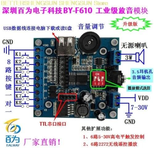 Free shipping Voice module /USB recording module /12V music player / multi segment audio player BY-F610