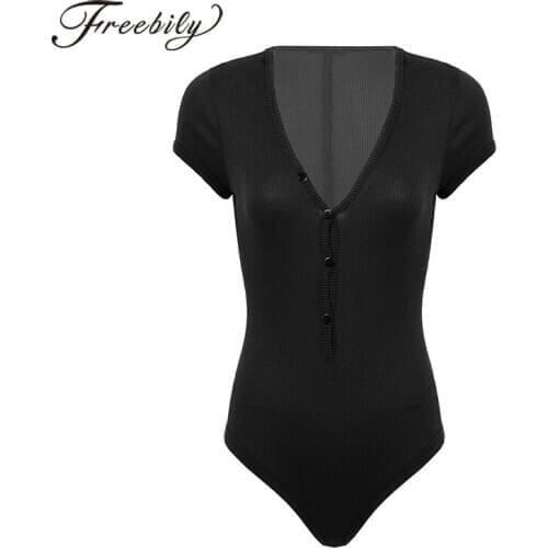 Oversize XXL Women Deep V Neck Button Short Sleeve Bodysuit Solid Stretchy Bodycon Rompers Jumpsuits Casual Tops Dance Practice