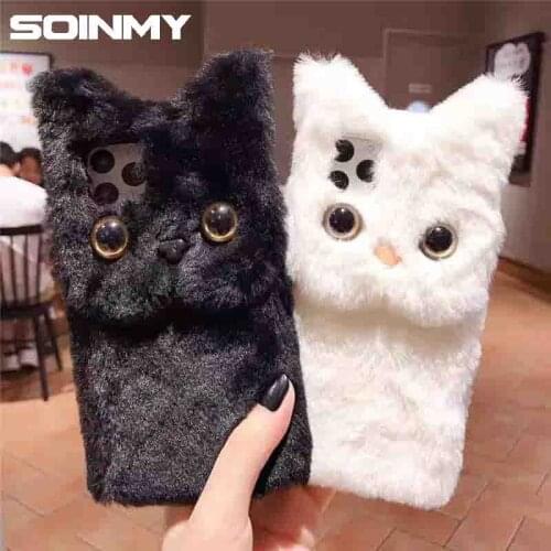 Winter Warm Plush Phone Case for iPhone 12 11 Pro Max Cute Cat Furry fluffy Fur Cover for iPhone 6 6S 7 8 Plus X XR XS MAX Coque