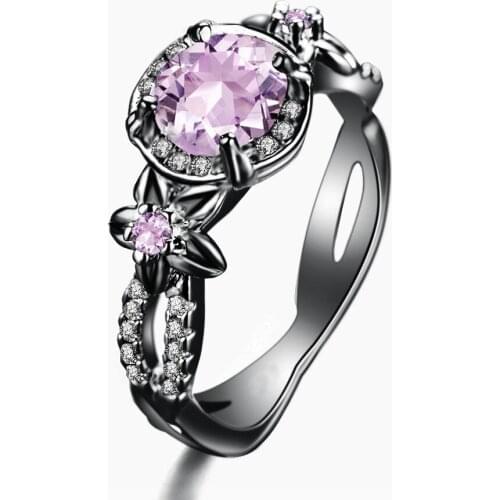 Black Gold Rings For Women Fashion Round Pink Crystal Ring Flower Inlaid Zircon Gemstones Engagement Wedding Fine Jewelry New