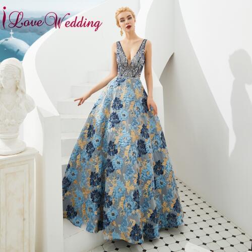New Fashion Sexy v Neck Crystal Beaded Evening Dress Formal Long Floral Pinted A Line Luxury Evening Gown
