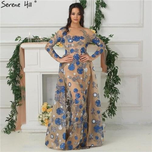 Dubai Designer Handmade Flowers Gold Evening Dresses 2021 Long Sleeves Beading Sequined Evening Gown Real Photo LA6684