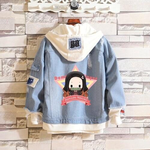 Demon Slayer Jeans Jacket Kamado Tanjirou Cosplay Denim Coat Autumn Cute Cartoon Hooded Sweatshirt Outwear S-3XL C75M190