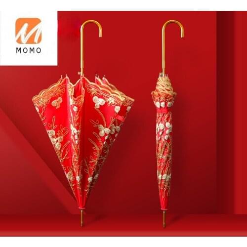 High-End Luxury Chinese Wedding Embroidery Lace Edge Umbrella Noble Red Long Handle Semi-automatic Umbrella