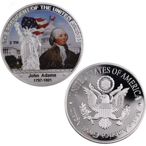 Collectible Silver Plated American 2th President John Adams Metal Coin /w Case Creative Challenge Coin Father Day Gift 40x3mm