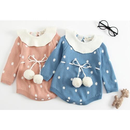 MYUDI - 2018 Newborn Baby Bodysuits Sweater for Girls Infants one-piece Pompom Jumper Children Pullover Lotus Knitted Jumpsuits