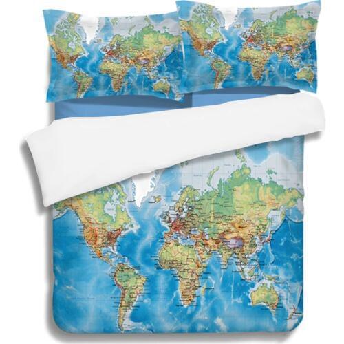 World Map Geography Bedding Set Vivid Printed Blue Black Bed Duvet Cover with Pillow Covers Soft Cozy Twin/ Queen/ King 3 Pcs