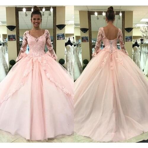 Custom Pink Lace Long Sleeve Girls Pageant Gowns V neck Ball Gown Princess Flower Girl Dress Prom Party Gowns