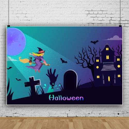Laeacco Halloween Witch Dark Castle Horrible Forest Bat Pattern Photo Background Banner Night Scenic Photography Backdrop Poster
