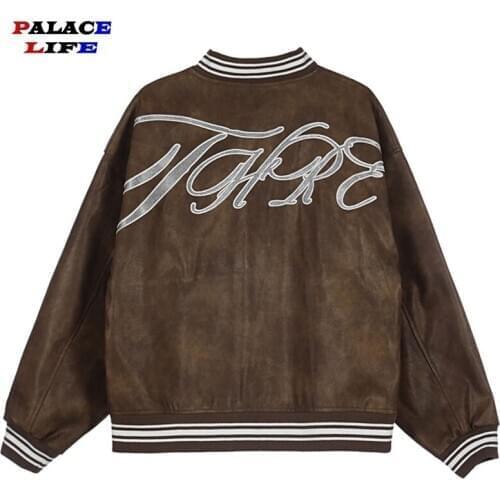 Men Baseball Jacket Letter Embroidered Leather PU Vintage Coats 2021 Loose Casual Harajuku Mens Stand Collar Top Jacket Coat
