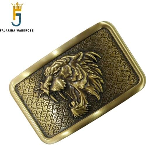 FAJARINA Unique Design Lion Head Pattern Belt Buckles Men 100% Pure Solid Gold Brass Buckle Only for 3.6-3.7cm Width BCK052